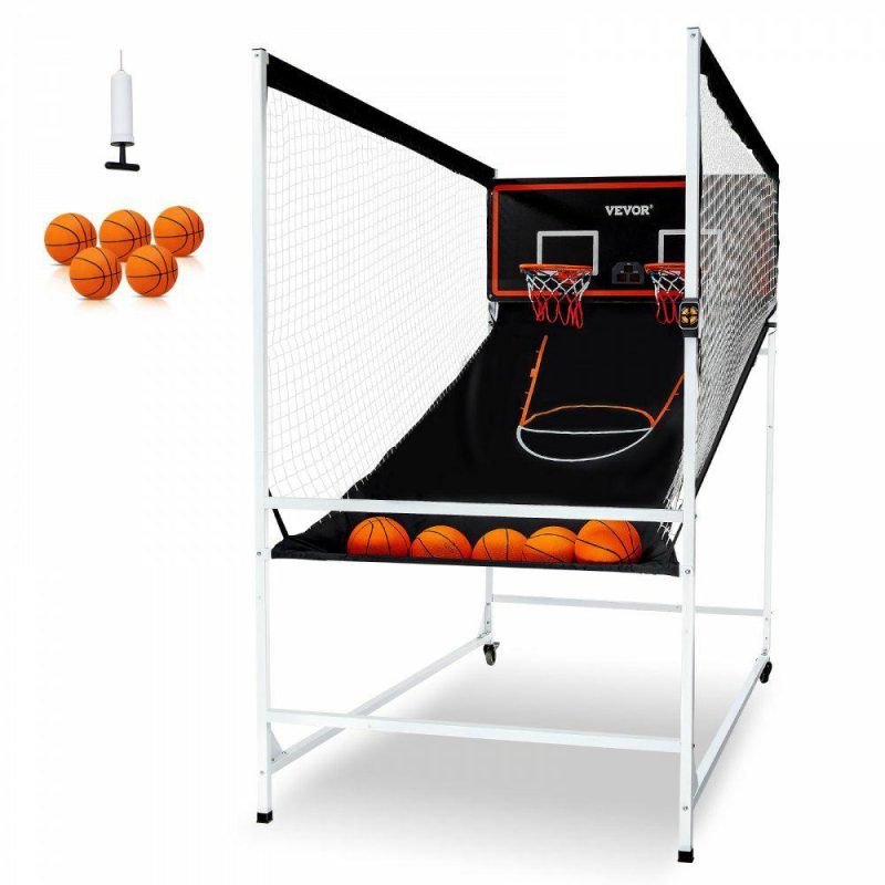 Basketball Equipment |  Arcade Cage Basketball Game, 2 Player Indoor Basketball Game, Home Dual Shot Sport with 5 Balls, 8 Game Modes, Electronic Scoreboard, and Inflation Pump, for Kids, Adults (Black & White) Basketball Equipment Basketball Equipment