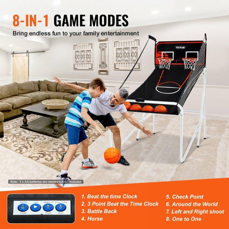 Basketball Equipment |  Foldable Basketball Arcade Game, 2 Player Indoor Basketball Game, Home Dual Shot Sport with 4 Balls, 8 Game Modes, Electronic Scoreboard, and Inflation Pump, for Kids, Adults (Black & White) Basketball Equipment Basketball Equipment