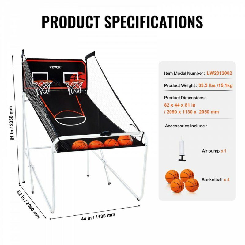 Basketball Equipment |  Foldable Basketball Arcade Game, 2 Player Indoor Basketball Game, Home Dual Shot Sport with 4 Balls, 8 Game Modes, Electronic Scoreboard, and Inflation Pump, for Kids, Adults (Black & White) Basketball Equipment Basketball Equipment