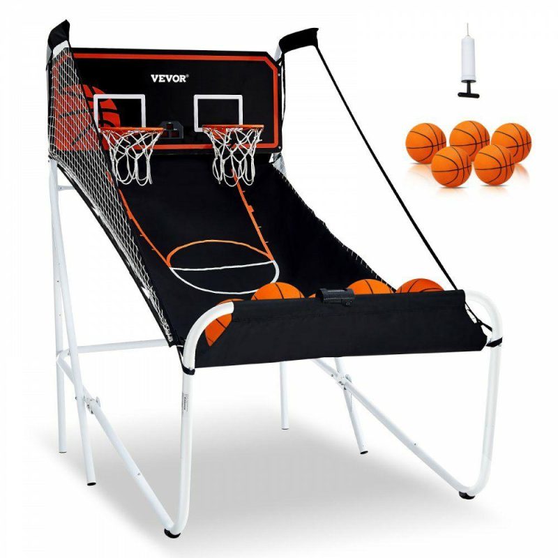 Basketball Equipment |  Foldable Basketball Arcade Game, 2 Player Indoor Basketball Game, Home Dual Shot Sport with 5 Balls, 8 Game Modes, Electronic Scoreboard, and Inflation Pump, for Kids, Adults (Black & White) Basketball Equipment Basketball Equipment