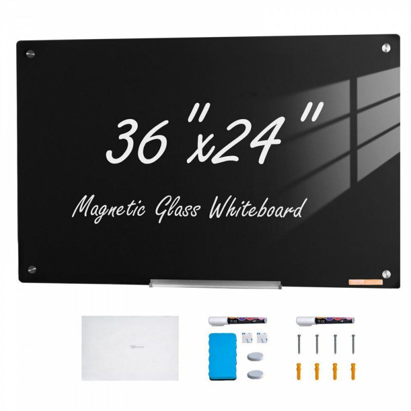 Boards & Easels |  Magnetic Glass Whiteboard, Dry Erase Board 36″x24″, Wall-Mounted Large White Glassboard Frameless, with Marker Tray, an Eraser and 2 Markers, Black Black Boards & Easels Black