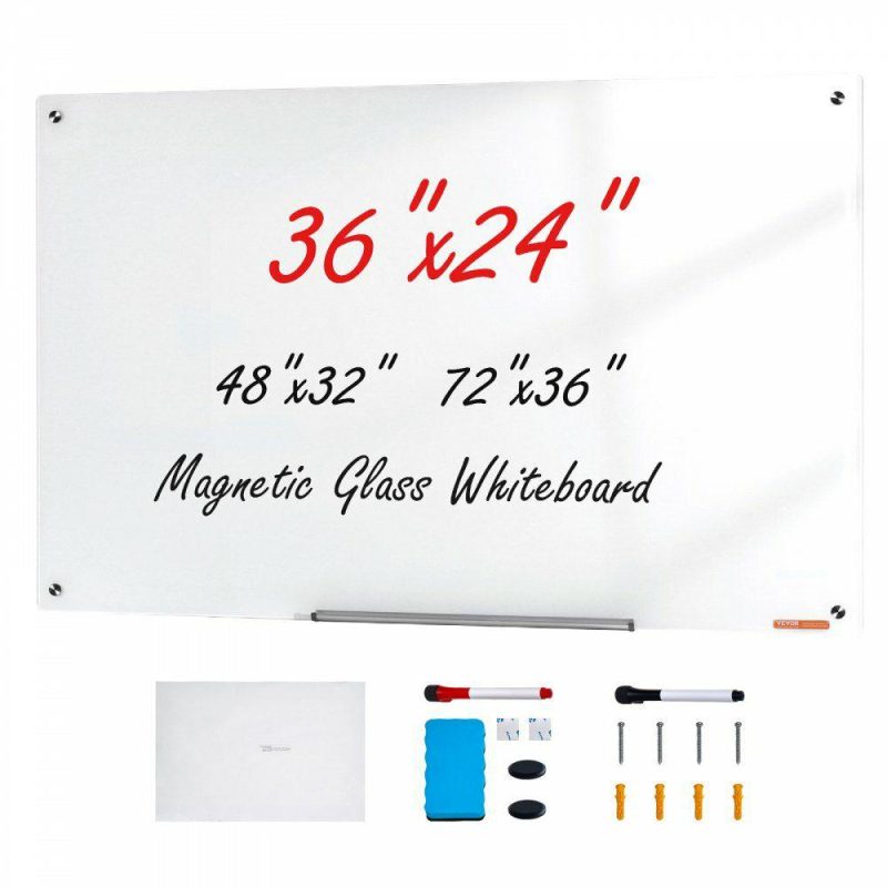 Boards & Easels |  Magnetic Glass Whiteboard, Dry Erase Board 36″x24″, Wall-Mounted Large White Glassboard Frameless, with Marker Tray, an Eraser and 2 Markers, White Normally White Boards & Easels Boards & Easels