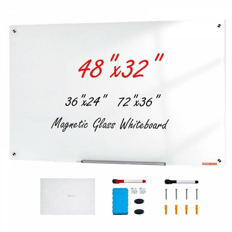 Boards & Easels |  Magnetic Glass Whiteboard, Dry Erase Board 48″x32″, Wall-Mounted Large White Glassboard Frameless, with Marker Tray, an Eraser and 2 Markers, White Normally White Boards & Easels Boards & Easels