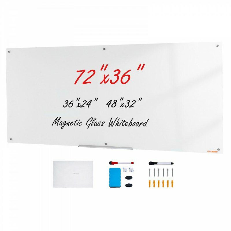 Boards & Easels |  Magnetic Glass Whiteboard, Dry Erase Board 72″x36″, Wall-Mounted Large White Glassboard Frameless, with Marker Tray, an Eraser and 2 Markers, White Normally White Boards & Easels Boards & Easels