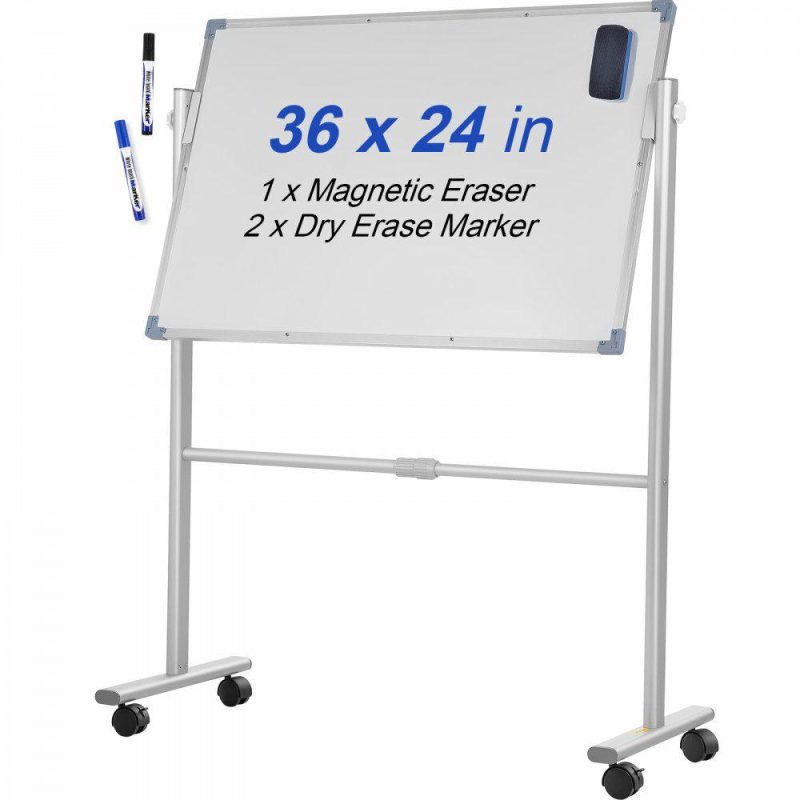 Boards & Easels |  Mobile Magnetic Whiteboard, 36 x 24 Inch, Double Sided, 360 Degree Reversible Rolling Dry Erase Board, Height Adjustable with Aluminum Frame and Lockable Swivel Wheels, for Office School Home Office Supplies Boards & Easels