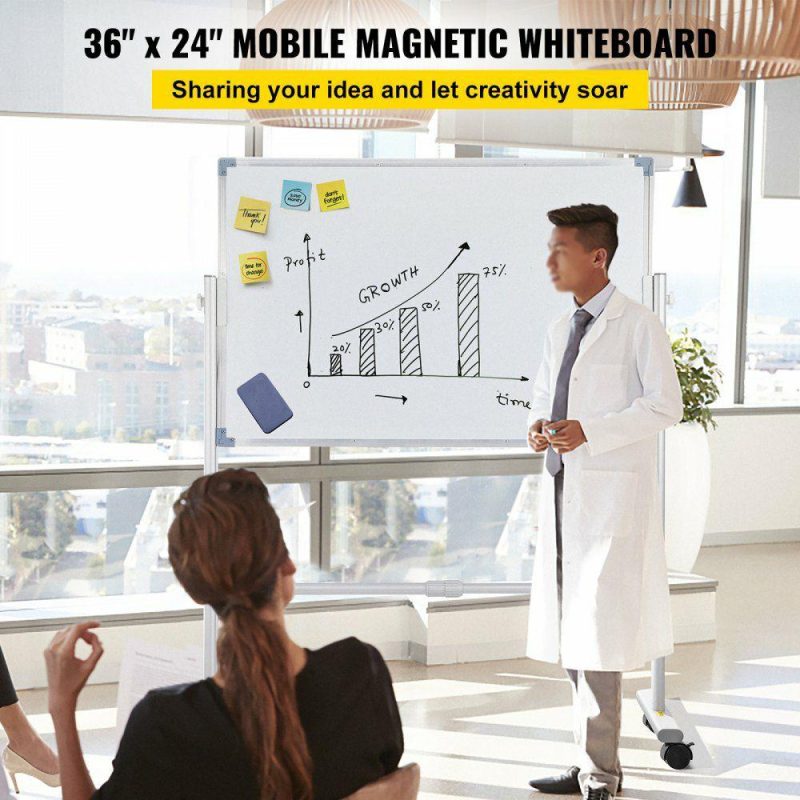 Boards & Easels |  Mobile Magnetic Whiteboard, 36 x 24 Inch, Double Sided, 360 Degree Reversible Rolling Dry Erase Board, Height Adjustable with Aluminum Frame and Lockable Swivel Wheels, for Office School Home Office Supplies Boards & Easels