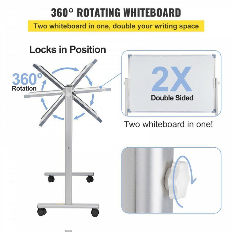 Boards & Easels |  Mobile Magnetic Whiteboard, 36 x 24 Inch, Double Sided, 360 Degree Reversible Rolling Dry Erase Board, Height Adjustable with Aluminum Frame and Lockable Swivel Wheels, for Office School Home Office Supplies Boards & Easels