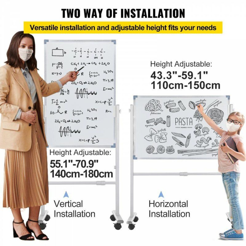 Boards & Easels |  Mobile Magnetic Whiteboard, 36 x 24 Inch, Double Sided, 360 Degree Reversible Rolling Dry Erase Board, Height Adjustable with Aluminum Frame and Lockable Swivel Wheels, for Office School Home Office Supplies Boards & Easels