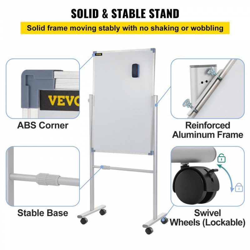 Boards & Easels |  Mobile Magnetic Whiteboard, 36 x 24 Inch, Double Sided, 360 Degree Reversible Rolling Dry Erase Board, Height Adjustable with Aluminum Frame and Lockable Swivel Wheels, for Office School Home Office Supplies Boards & Easels