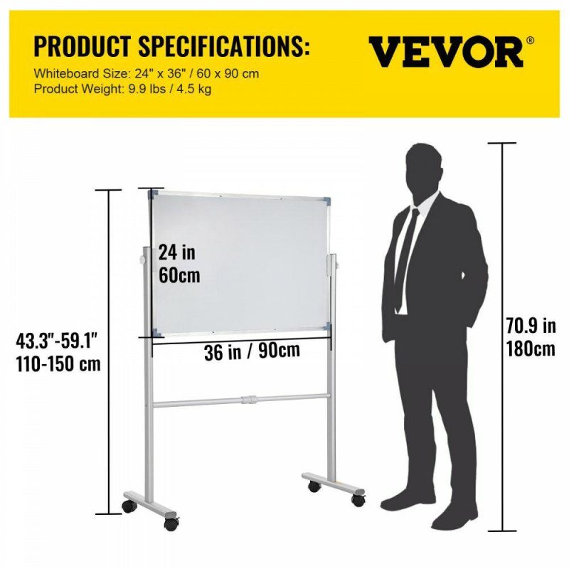 Boards & Easels |  Mobile Magnetic Whiteboard, 36 x 24 Inch, Double Sided, 360 Degree Reversible Rolling Dry Erase Board, Height Adjustable with Aluminum Frame and Lockable Swivel Wheels, for Office School Home Office Supplies Boards & Easels