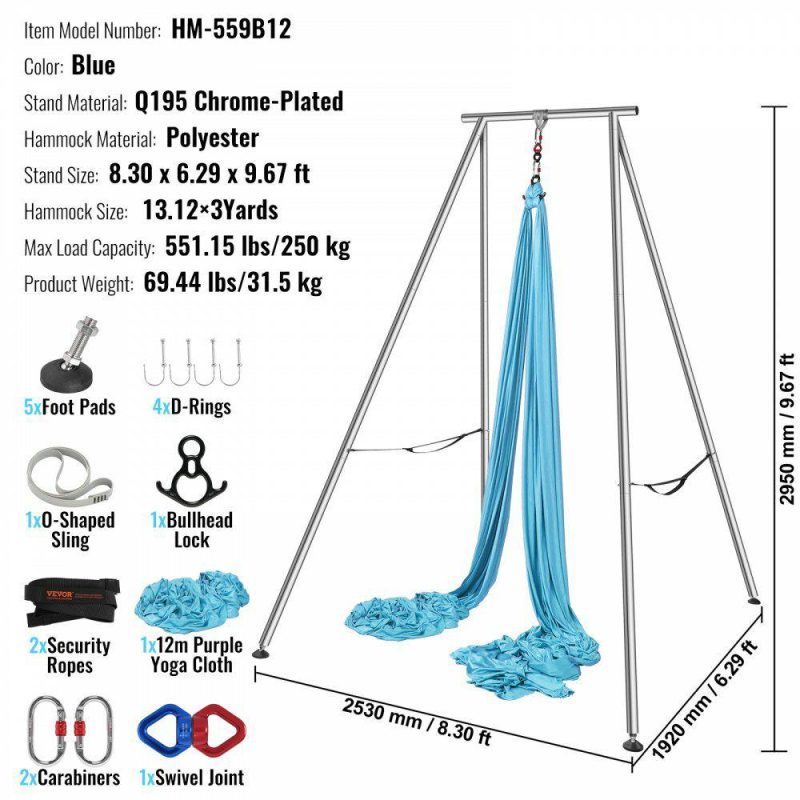 Exercise & Fitness |  Aerial Yoga Frame & Yoga Hammock, 9.67 ft Height Professional Yoga Swing Stand Comes with 13.1 Yards Aerial Hammock, Max 551.15 lbs Load Capacity Yoga Rig for Indoor Outdoor Aerial Yoga, Blue Blue Exercise & Fitness Blue