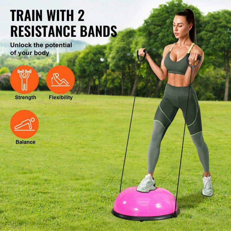 Exercise & Fitness |  Half Exercise Ball Trainer, 23 inch Balance Ball Trainer, 660lbs Capacity Stability Ball, Yoga Ball with Resistance Bands & Foot Pump, Strength Fitness Ball for Home Gym, Full Body Workout, Pink Pink Exercise & Fitness Exercise & Fitness