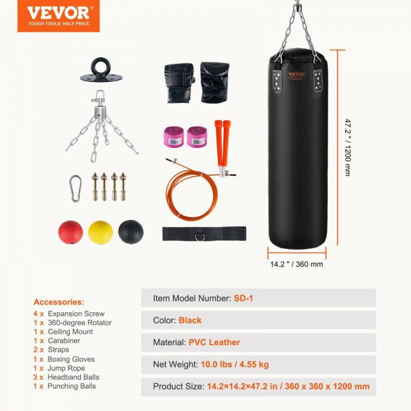 Exercise & Fitness |  Punching Bag for Adults, 4ft PVC Heavy Boxing Bag Set, Punching Bag with Chains and Gloves, Hanging Boxing Bag for MMA Karate Judo, Muay Thai Kickboxing Boxing, Home Gym Training, (Unfilled) Exercise & Fitness Exercise & Fitness