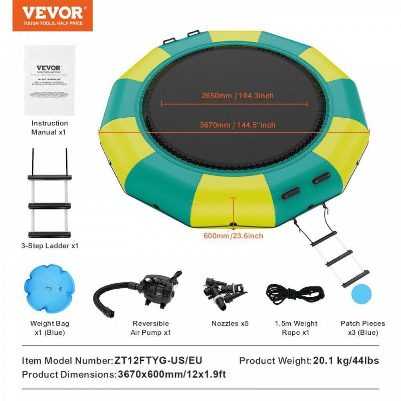 Leisure Sports |  Inflatable Water Bouncer, 12ft Recreational Water Trampoline, Portable Bounce Swim Platform with 3-Step Ladder & Electric Air Pump, Kids Adults Floating Rebounder for Pool, Lake, Water Sports Green & Yellow Leisure Sports Green & Yellow