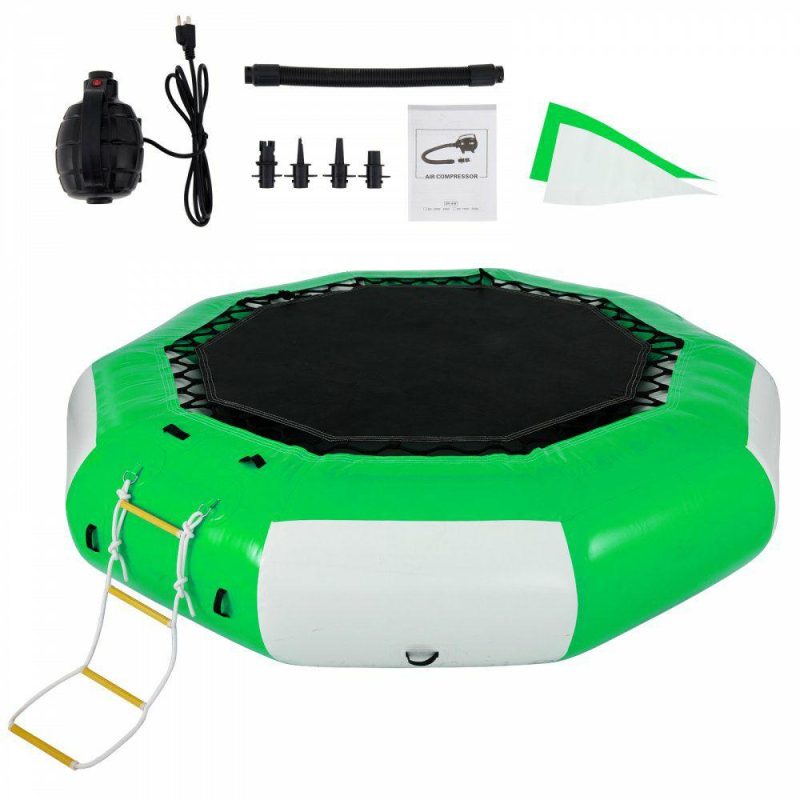 Leisure Sports |  Inflatable Water Trampoline 10FT , Round Inflatable Water Bouncer with 4-Step Ladder, Water Trampoline in Green and White for Water Sports. Green & White Leisure Sports Green & White