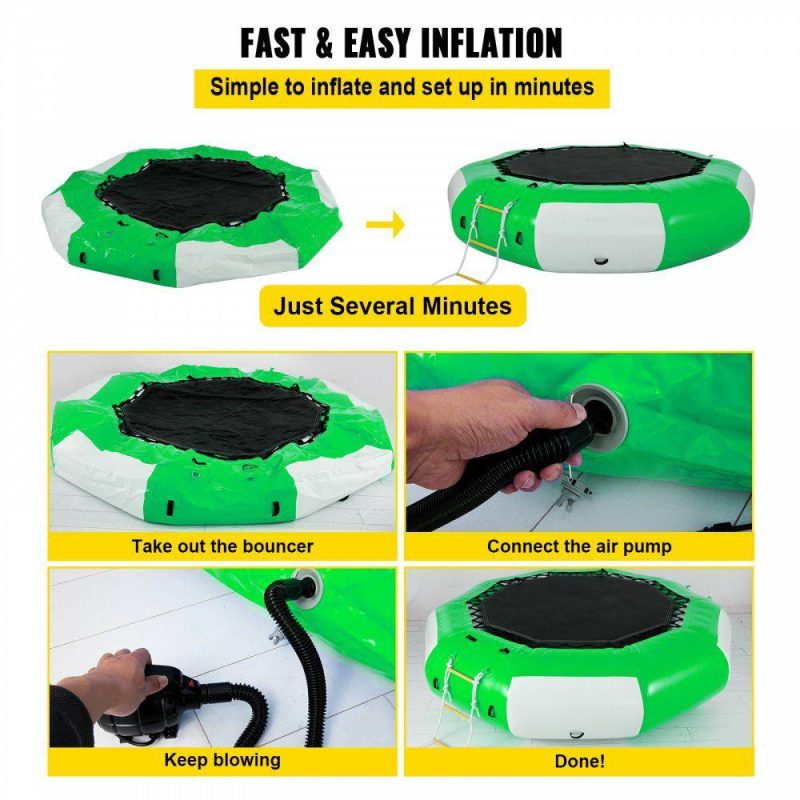 Leisure Sports |  Inflatable Water Trampoline 10FT , Round Inflatable Water Bouncer with 4-Step Ladder, Water Trampoline in Green and White for Water Sports. Green & White Leisure Sports Green & White