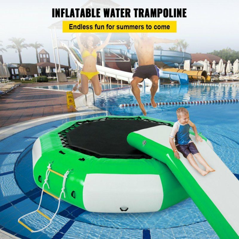 Leisure Sports |  Inflatable Water Trampoline 10ft , Round Inflatable Water Bouncer with Yellow Slide and 4-Step Ladder, Water Trampoline in Green and White for Water Sports. Green & White Leisure Sports Green & White