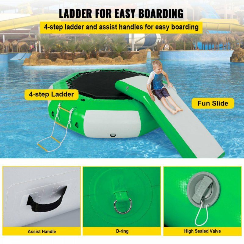 Leisure Sports |  Inflatable Water Trampoline 10ft , Round Inflatable Water Bouncer with Yellow Slide and 4-Step Ladder, Water Trampoline in Green and White for Water Sports. Green & White Leisure Sports Green & White