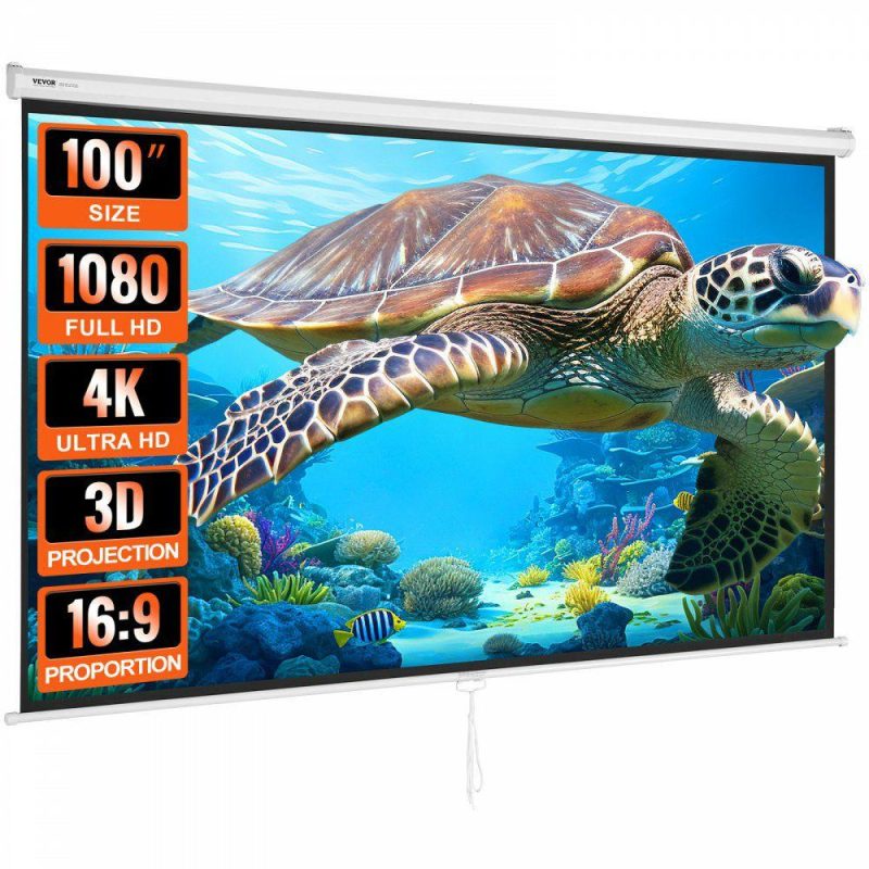 Office Electronics |  Manual Projector Screen, 100 inch 16:9 4K 1080 HD Retractable Pull Down Projector Screen, Auto-Locking Portable Movie Screen for Family Home Office Theater Office Electronics Office Electronics