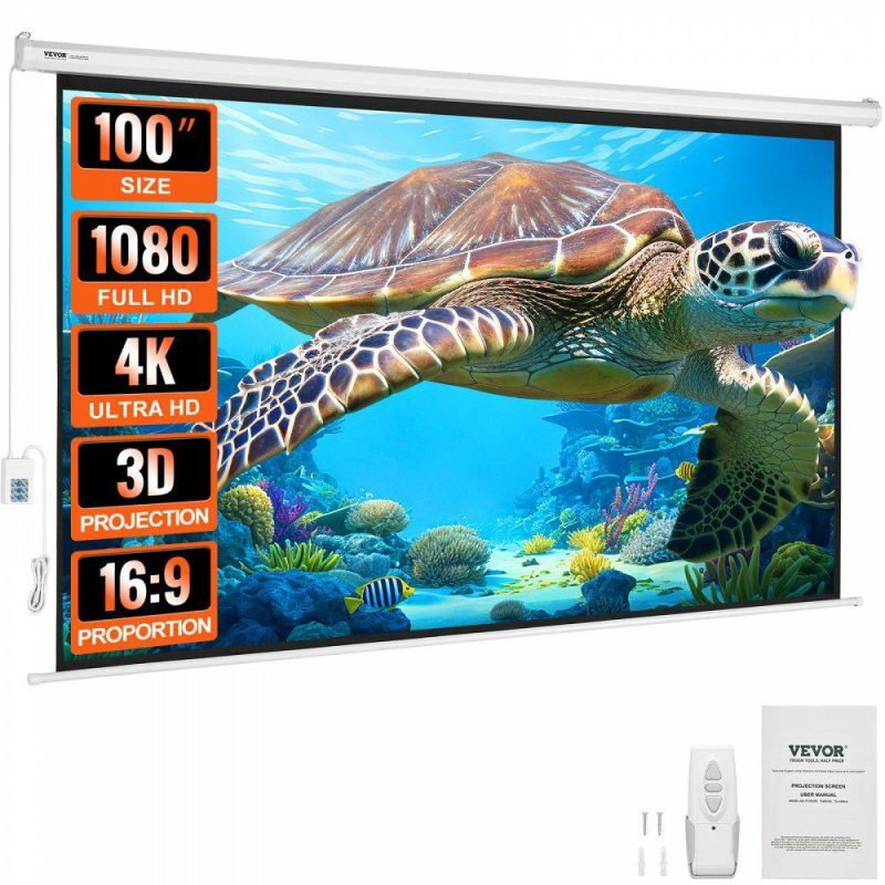 Office Electronics |  Motorized Projector Screen 100 inch, 16:9 4K 1080 HD Automatic Projection Screen, Electric Projector Screen with Remote Control, Wall Mount Movie Screen for Family Home Office Theater Office Supplies Office Electronics