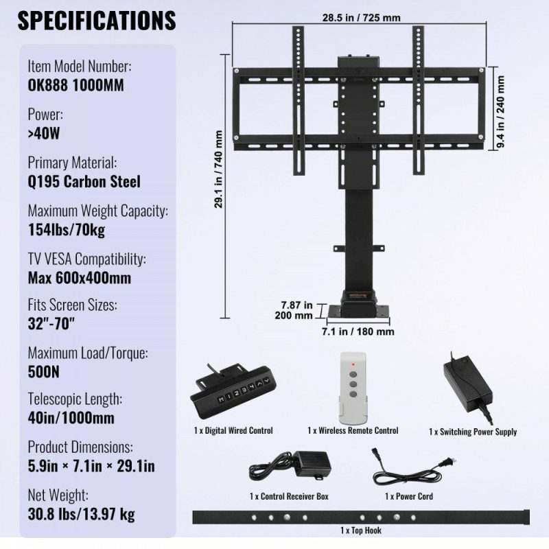 Office Electronics |  Motorized TV Lift Stroke Length 35 Inches Motorized TV Mount Fit for 32-65 Inch TV Lift with Remote Control Height Adjustable 28.7-64.2 Inch,Load Capacity 154 Lbs Office Electronics Office Electronics