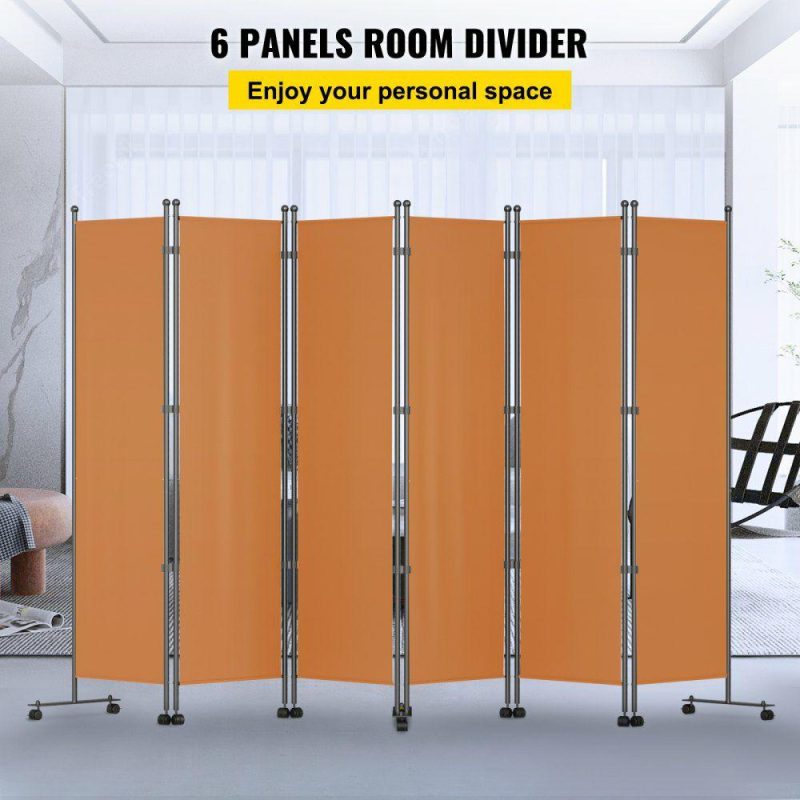 Office Furniture |  6 Panel Room Divider, 6 FT Tall, Freestanding & Folding Privacy Screen w/ Swivel Casters & Aluminum Alloy Frame, Oxford Bag Included, Room Partition for Office Home, 121″W x 14″D x 73″H, Orange Orange Office Furniture Office Furniture