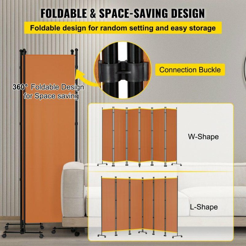 Office Furniture |  6 Panel Room Divider, 6 FT Tall, Freestanding & Folding Privacy Screen w/ Swivel Casters & Aluminum Alloy Frame, Oxford Bag Included, Room Partition for Office Home, 121″W x 14″D x 73″H, Orange Orange Office Furniture Office Furniture