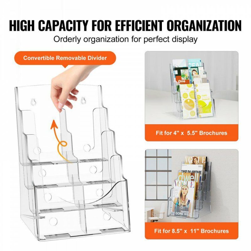 Office Furniture |  Acrylic Brochure Holder 8.5 x 11 inch, 4-Tier Clear Acrylic Literature Display Stand, Plastic Literature Organizer Flyer Stand & Removable Divider for Office Exhibition, Countertop or Wall Mount Office Furniture Office Furniture