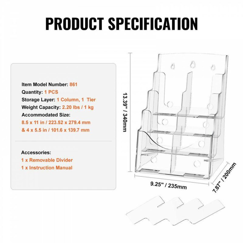 Office Furniture |  Acrylic Brochure Holder 8.5 x 11 inch, 4-Tier Clear Acrylic Literature Display Stand, Plastic Literature Organizer Flyer Stand & Removable Divider for Office Exhibition, Countertop or Wall Mount Office Furniture Office Furniture