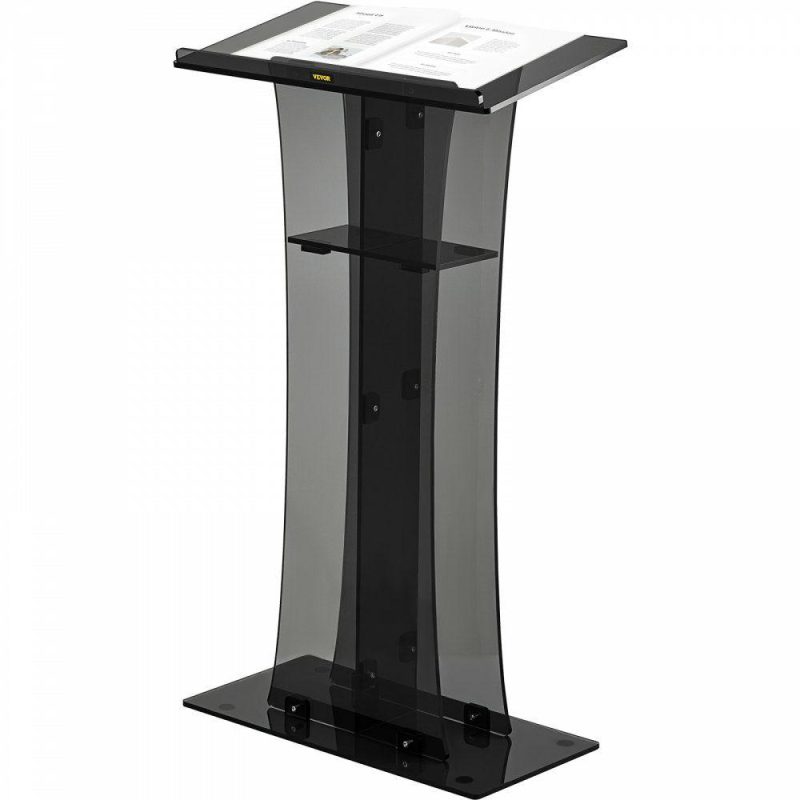 Office Furniture |  Acrylic Pulpit, 47″ Tall, Clear Podium Stand w/Wide Reading Surface & Storage Shelf, Floor-Standing Plexiglass Lectern for Church Office School, Black Office Furniture Office Furniture