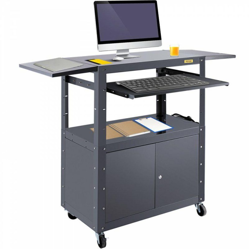 Office Furniture |  AV Cart, 27-41 inch Height Adjustable Media Cart with 2 Drop Leaves, 150 LBS Capacity Presentation Cart with A Locking Cabinet, 33 x 18 inch Widened Steel Projector Cart with A Keyboard Tray Office Furniture Office Furniture