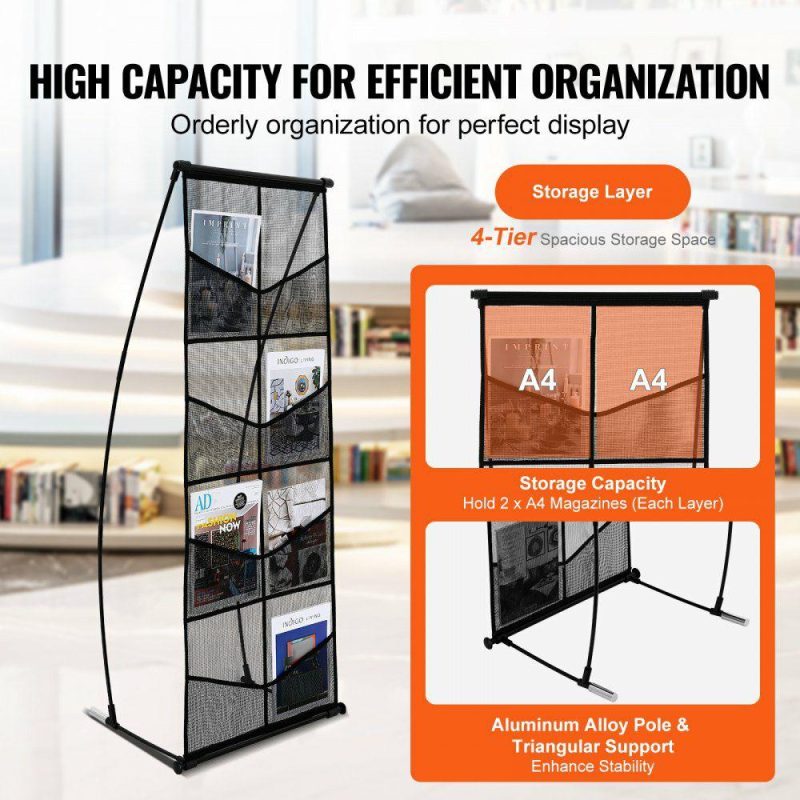 Office Furniture |  Brochure Display Stand, 4-Tier 8 Pockets Mesh Literature Display Holder, Floor Standing Magazine Newspaper Catalog Rack, Lightweight & Portable with Carrying Bag for Shop Exhibitions Office Office Furniture Office Furniture