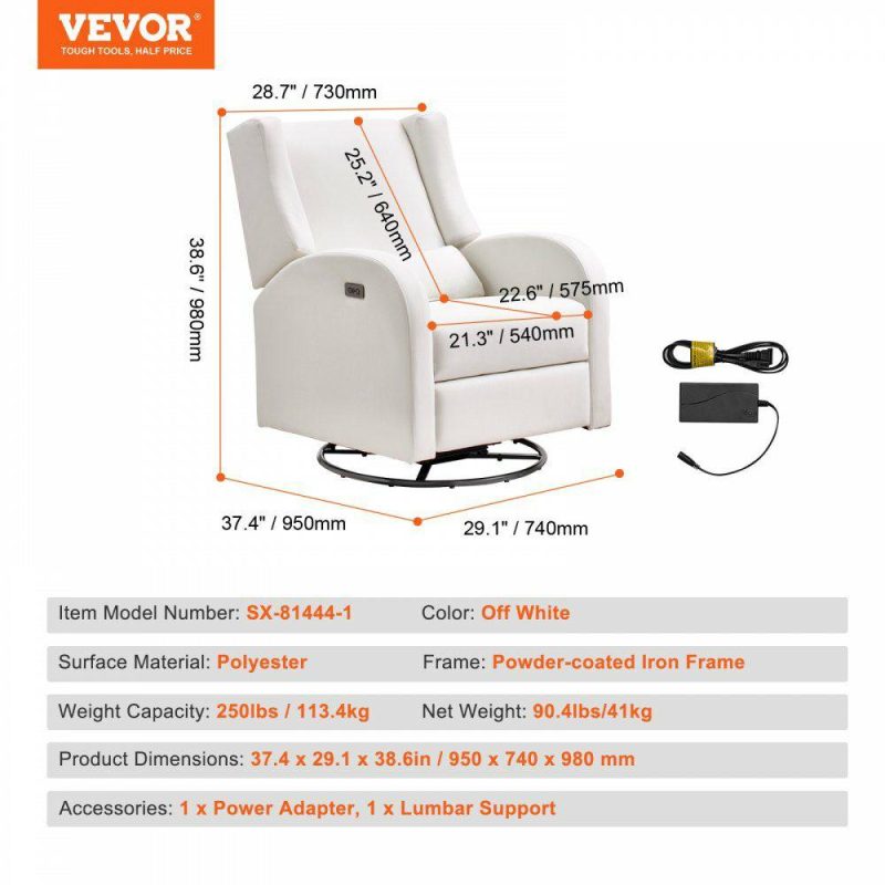 Office Furniture |  Electronic Power Recliner and Swivel Glider, 250 lbs Weight Capacity Swivel Glider Recliner Chair with USB Port, Polyester Surface Swivel Rocker Recliner  for Living Room, Bedroom,  Off White Office Furniture Office Furniture