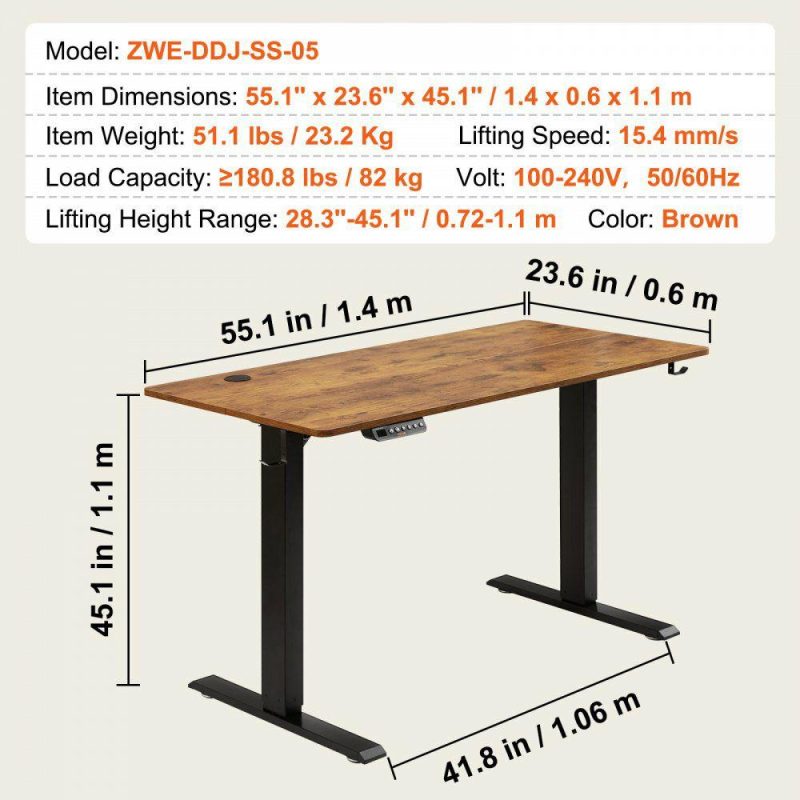 Office Furniture |  Height Adjustable Desk, 55.1 x 23.6 in（1.4m*0.6m）, 3-Key Modes Electric Standing Desk,Whole Piece Desk Board, Sturdy Dual Metal Frame, Max. Bearing 180 LBS Computer Sit Stand up Desk, for Home and Office Office Furniture Office Furniture