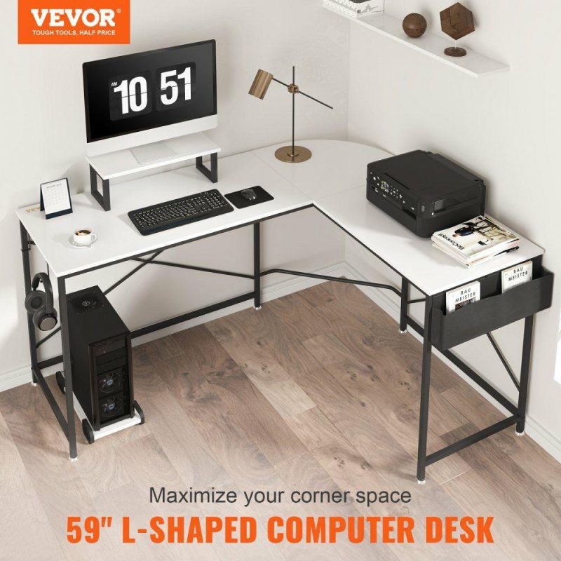 Office Furniture |  L Shaped Computer Desk, 59” Corner Desk with Storage Bag, Monitor Riser and CPU Stand, Work Desk Gaming Desk for Home Office Workstation, White White Office Furniture Office Furniture