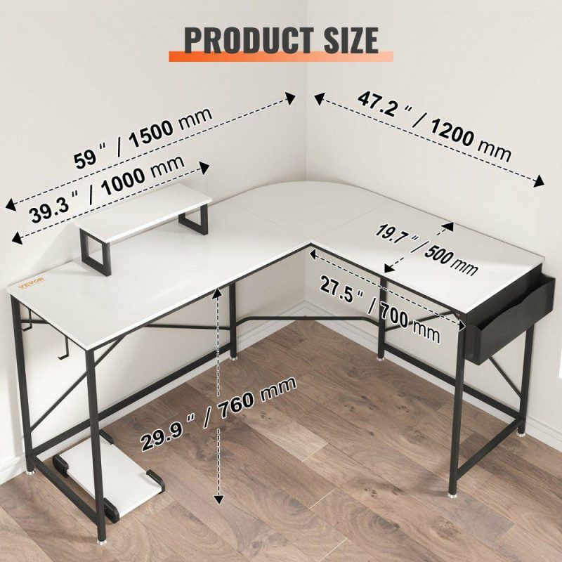 Office Furniture |  L Shaped Computer Desk, 59” Corner Desk with Storage Bag, Monitor Riser and CPU Stand, Work Desk Gaming Desk for Home Office Workstation, White White Office Furniture Office Furniture