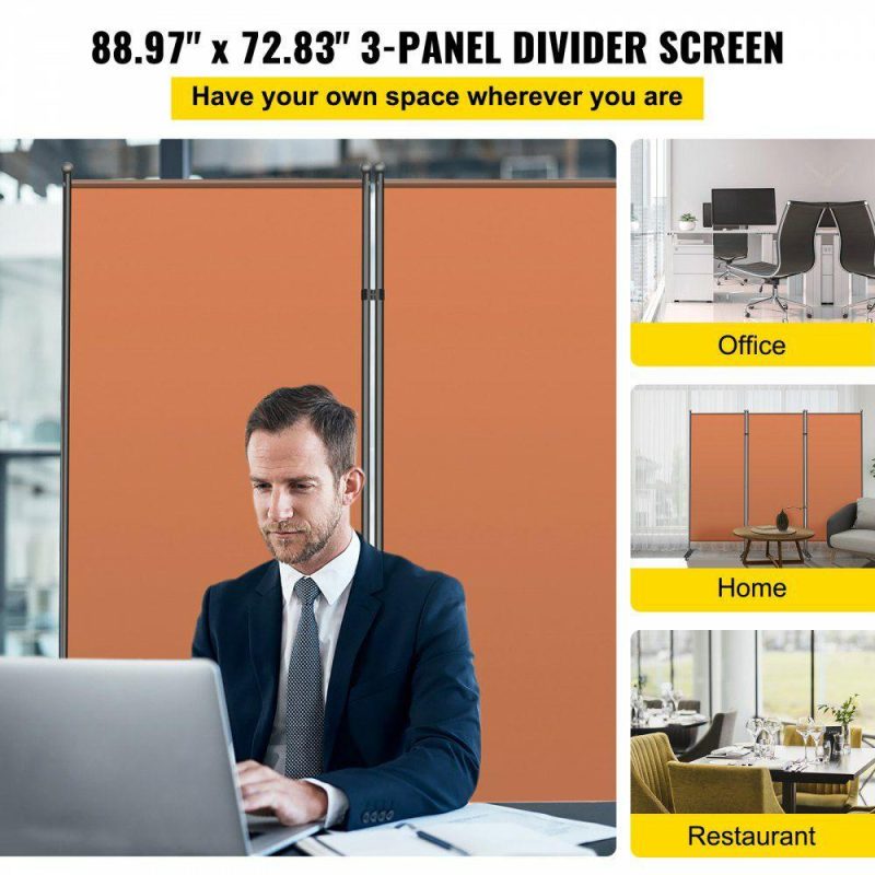 Office Furniture |  Office Partition 89″ W x 14″ D x 73″ H Room Divider 3-Panel Office Divider Folding Portable Office Walls w/ Non-See-Through Fabric Room Partition Reddish Brown for Room Office Restaurant Orange Office Furniture Office Furniture