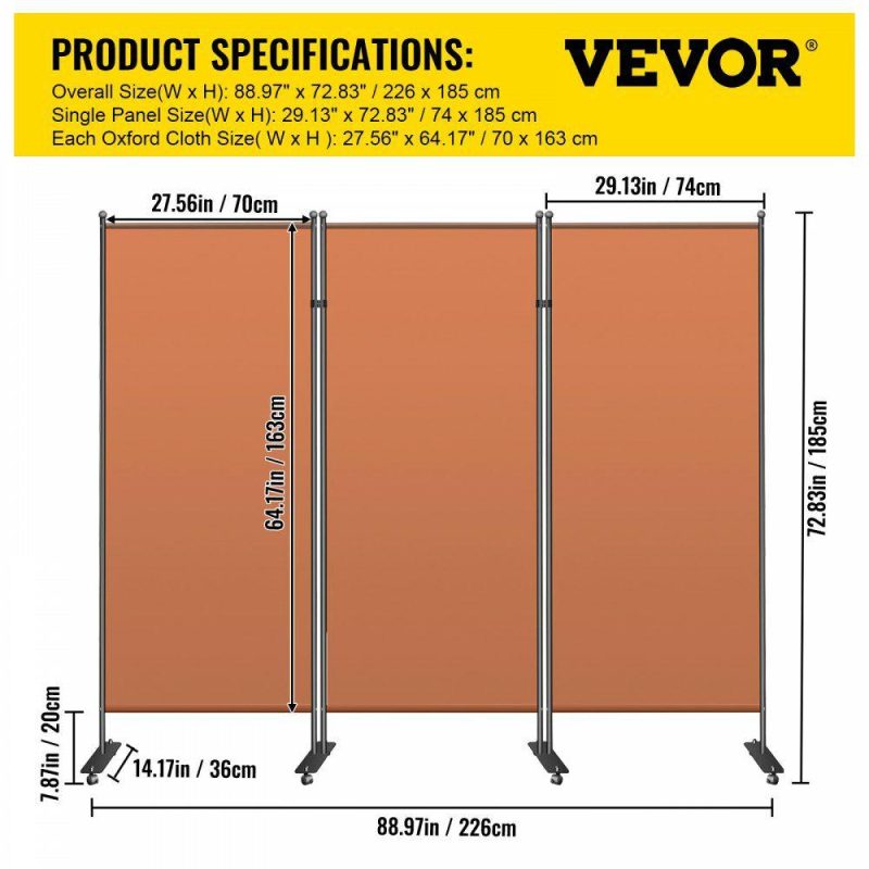 Office Furniture |  Office Partition 89″ W x 14″ D x 73″ H Room Divider 3-Panel Office Divider Folding Portable Office Walls w/ Non-See-Through Fabric Room Partition Reddish Brown for Room Office Restaurant Orange Office Furniture Office Furniture