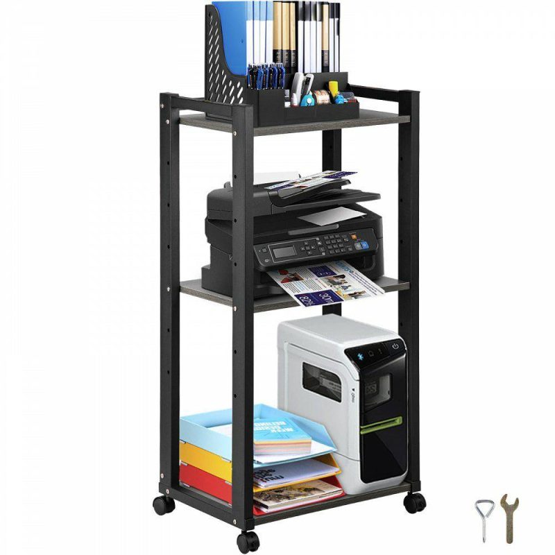 Office Furniture |  Printer Stand, 3-Tier Rolling Printer Cart, Adjustable Storage Shelf Rack on Lockable Wheels, 19.69x 13.78x 42 inch Printer Table for Home Office Small Spaces Organization, Black Office Furniture Office Furniture