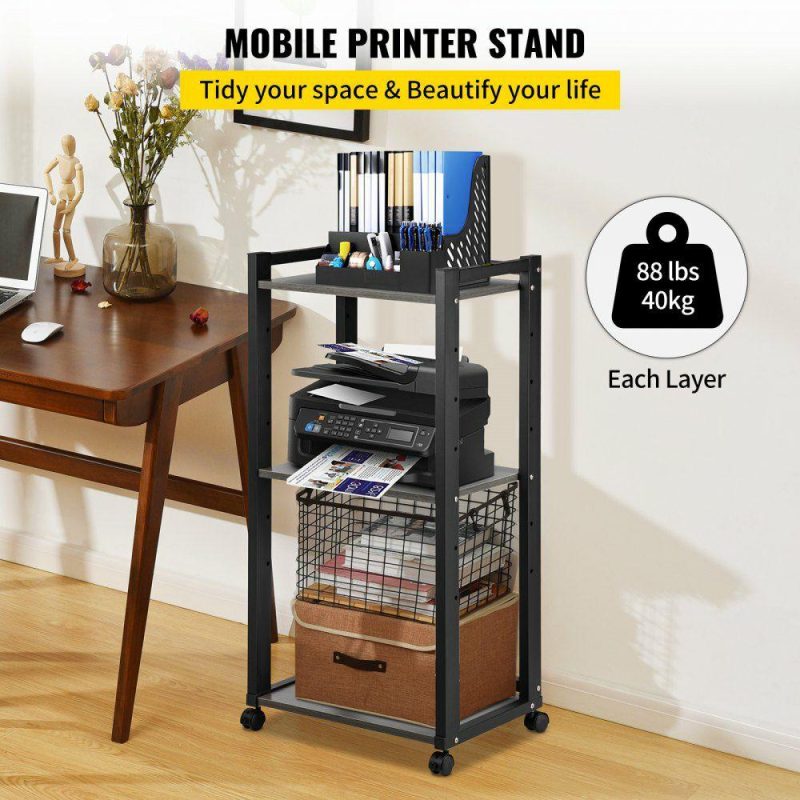 Office Furniture |  Printer Stand, 3-Tier Rolling Printer Cart, Adjustable Storage Shelf Rack on Lockable Wheels, 19.69x 13.78x 42 inch Printer Table for Home Office Small Spaces Organization, Black Office Furniture Office Furniture