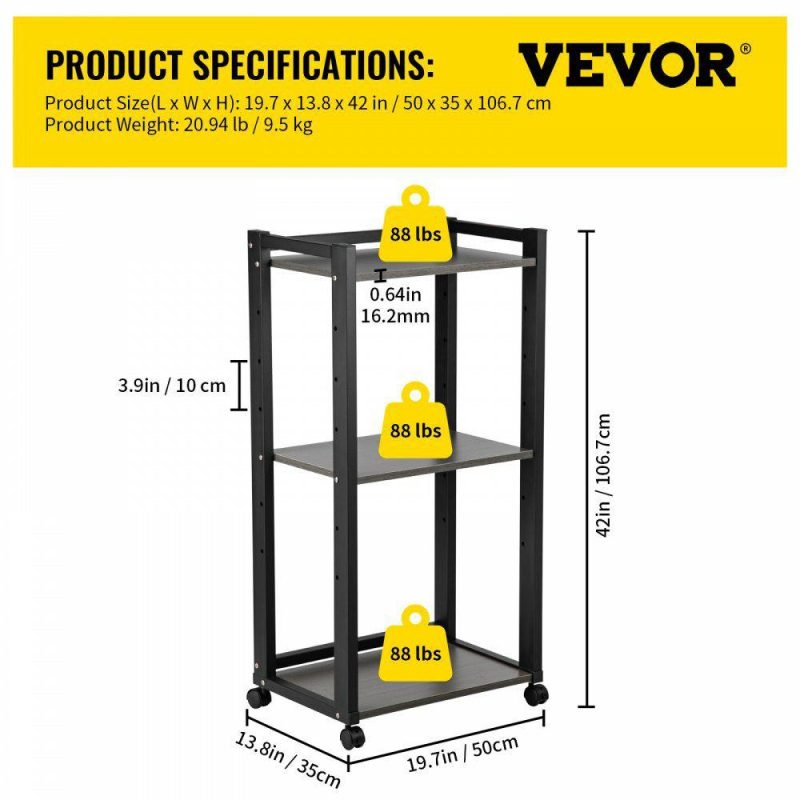 Office Furniture |  Printer Stand, 3-Tier Rolling Printer Cart, Adjustable Storage Shelf Rack on Lockable Wheels, 19.69x 13.78x 42 inch Printer Table for Home Office Small Spaces Organization, Black Office Furniture Office Furniture