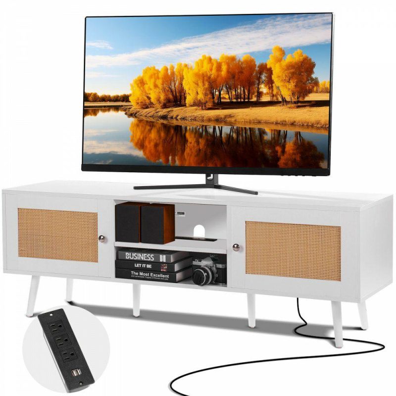 Office Furniture |  Rattan TV Stand for 65 inch TV, Boho TV Stand with Rattan Door, Entertainment Center with Build-in Socket and USB Ports, Modern TV Console for Living Room, Media Room, White Office Furniture Office Furniture