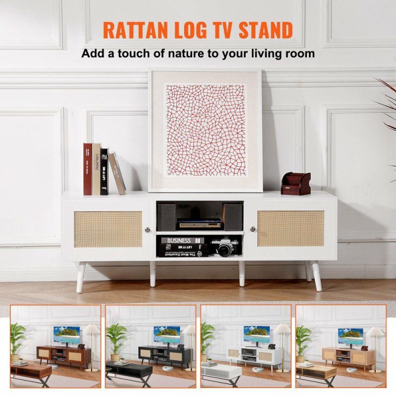 Office Furniture |  Rattan TV Stand for 65 inch TV, Boho TV Stand with Rattan Door, Entertainment Center with Build-in Socket and USB Ports, Modern TV Console for Living Room, Media Room, White Office Furniture Office Furniture