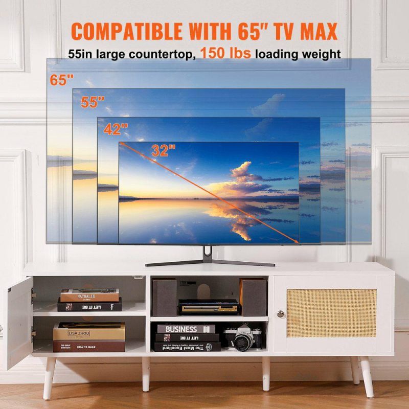 Office Furniture |  Rattan TV Stand for 65 inch TV, Boho TV Stand with Rattan Door, Entertainment Center with Build-in Socket and USB Ports, Modern TV Console for Living Room, Media Room, White Office Furniture Office Furniture