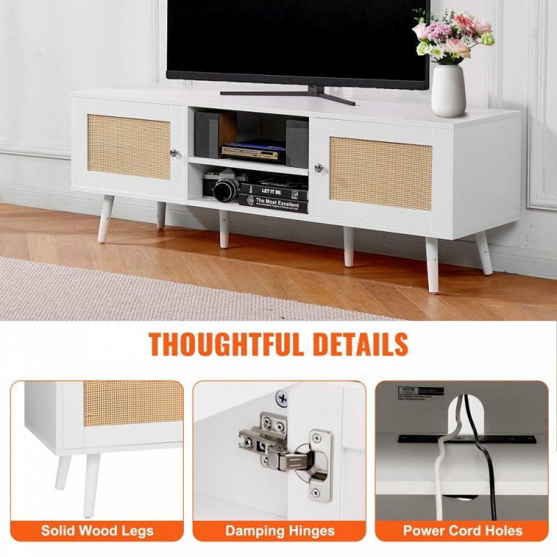 Office Furniture |  Rattan TV Stand for 65 inch TV, Boho TV Stand with Rattan Door, Entertainment Center with Build-in Socket and USB Ports, Modern TV Console for Living Room, Media Room, White Office Furniture Office Furniture