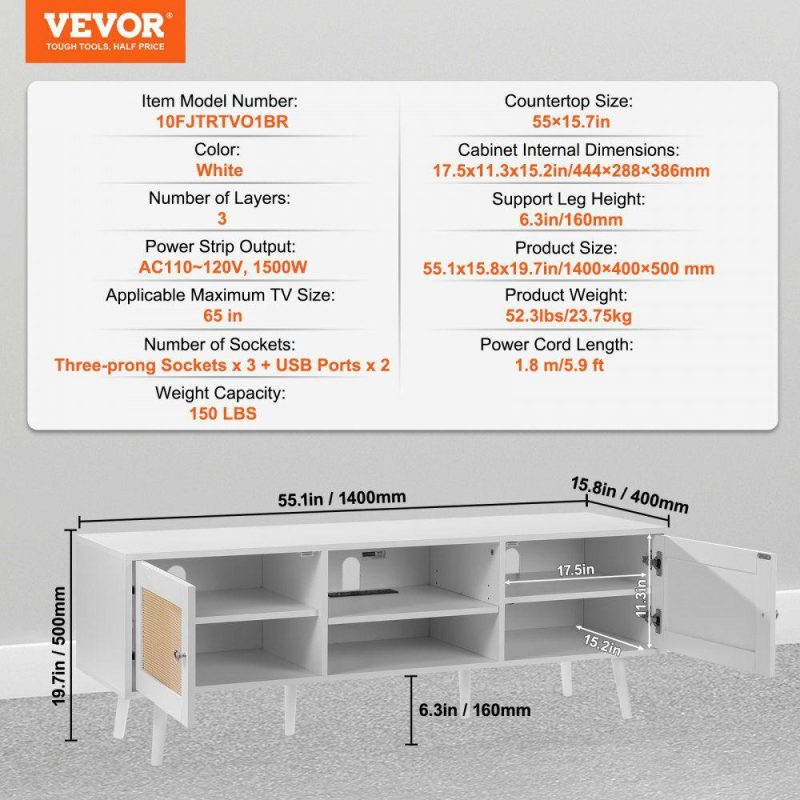 Office Furniture |  Rattan TV Stand for 65 inch TV, Boho TV Stand with Rattan Door, Entertainment Center with Build-in Socket and USB Ports, Modern TV Console for Living Room, Media Room, White Office Furniture Office Furniture