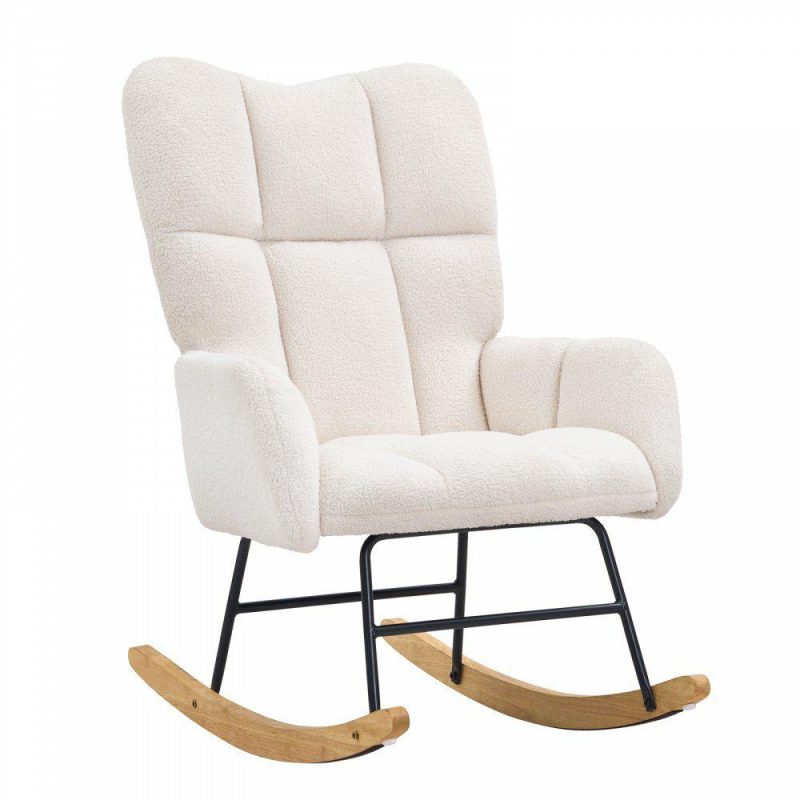 Office Furniture |  Rocking Chair Nursery, Glider Rocking Chair with Soft Seat and High Backrest, 250 lbs Weight Capacity Teddy Fabric, Upholstered Glider Rocker Chair for Nursery, Bedroom, Living Room, Ivory White Office Furniture Office Furniture