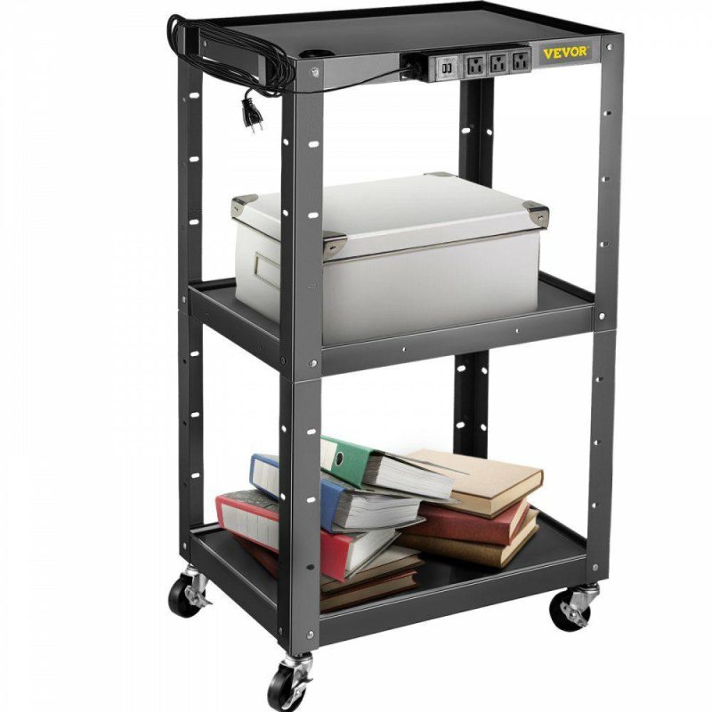 Office Furniture |  Steel AV Cart, 24-42″ Height Adjustable Media Cart with Electric Power Cord, 24 x 32″ Presentation Cart with 3 shelves, 150 LBS Rolling Projector Cart with and 2 Brakes Suitable for load-bearing Black Office Furniture Black