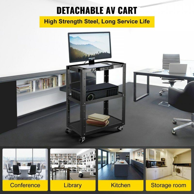 Office Furniture |  Steel AV Cart, 24-42″ Height Adjustable Media Cart with Electric Power Cord, 24 x 32″ Presentation Cart with 3 shelves, 150 LBS Rolling Projector Cart with and 2 Brakes Suitable for load-bearing Black Office Furniture Black