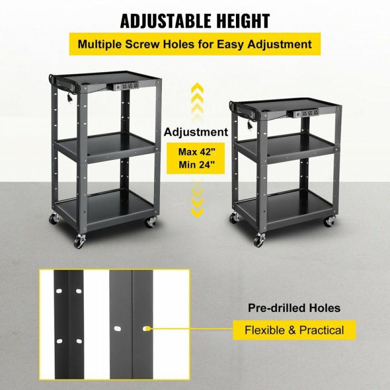 Office Furniture |  Steel AV Cart, 24-42″ Height Adjustable Media Cart with Electric Power Cord, 24 x 32″ Presentation Cart with 3 shelves, 150 LBS Rolling Projector Cart with and 2 Brakes Suitable for load-bearing Black Office Furniture Black